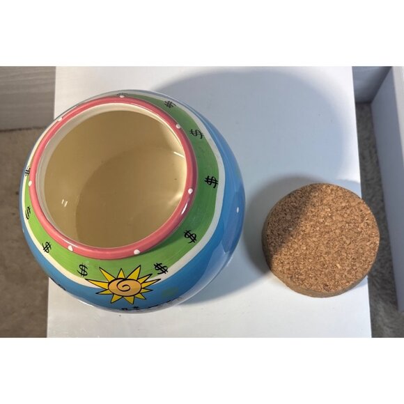 Vacation Money Ceramic Jar With Cork Lid Bella Casa By Ganz 5" Tall - Picture 6 of 7